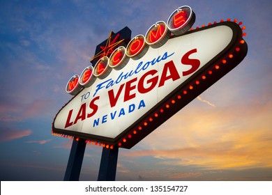 Welcome to Las Vegas Sign neon light on sunset sky