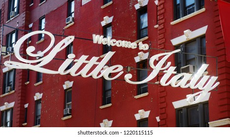 'Welcome to Little Italy' sign in Italian community named Little Italy in downtown Manhattan, New York City, USA.
