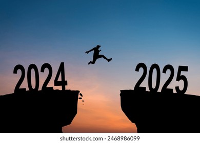 Welcome Merry Christmas in 2025. A young man jump between 2024 and 2025 years over the sun and through on the gap of hill silhouette evening colorful sky. Happy new year. Vector illustration. - Powered by Shutterstock