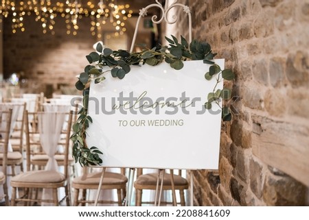Welcome to our wedding rustic sign with no names on wooden easel stand