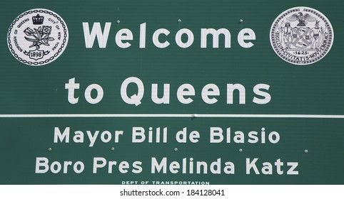 Welcome To Queens Sign Near Near Belt Parkway In Queens, New York 