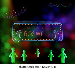 Welcome To Roswell Sign With UFO And Aliens