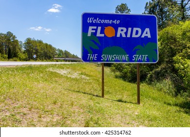 Welcome Sign Entering The State Of Florida Southbound From Georgia Along Interstate 95.