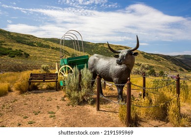 Welcome Sign In Summit County In Utah In The End Of Trail And The Wagon With A Figure Of A Bull For Pictures