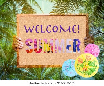 Welcome Summer Sign With Abstract Tropical Tree Background, Tropical Summer Background