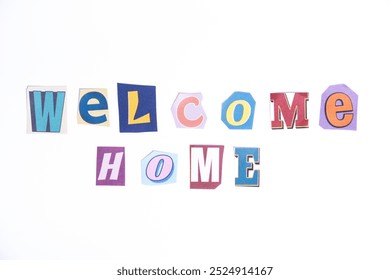 Welcome symbol. Concept words Welcome Home isolated on clean white background in fun cut out newspaper style typescript. Travel, homecoming welcome concept.  - Powered by Shutterstock