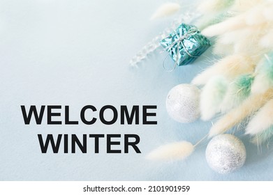 Welcome Winter Text On A Blue Background Silver Balls And Fluffy Branches Of Dried Flower