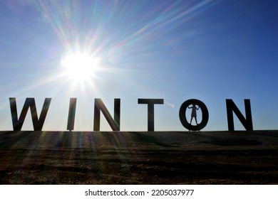 Welcome To Winton Sign A Popular Travel Destination Outback Town In Queensland Australia.