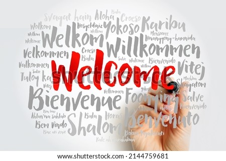 WELCOME word cloud with marker in different languages, conceptual background
