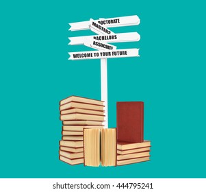 Welcome to your Future: (Associate, Bachelor, Masters, Doctorate) Sign Stack of Books isolated on turquoise blue background