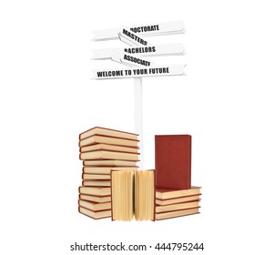 Welcome to your Future: (Associate, Bachelor, Masters, Doctorate) Sign Stack of Books isolated on white background