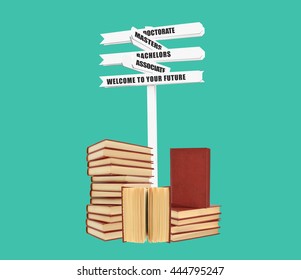 Welcome to your Future: (Associate, Bachelor, Masters, Doctorate) Sign Stack of Books isolated on green background
