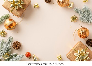 Welcoming Holidays: Top view of present boxes, rich orange and gold tree ornaments, pine cones, serpentine and frosty fir twigs on soft beige backdrop, providing room for your custom message or advert - Powered by Shutterstock