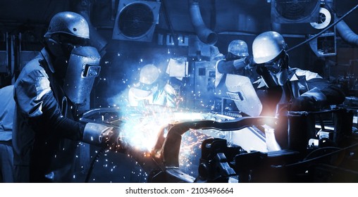 Welder Industrial Automotive Part In Factory, Worker With Protective Mask Welding Metal (welding, Welder, Steel)