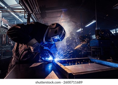 Welder joining metal structure using specialized equipment, creating sparks and smoke in industrial setting