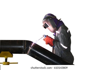 welder man welding pipe in factory isolated on white background