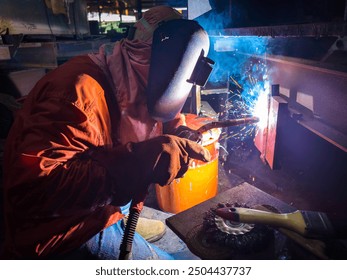 Welder Qualification Testing(WQT) with Process Flux Cored Arc Welding (FCAW), Before Starting Welding in the Factory. - Powered by Shutterstock