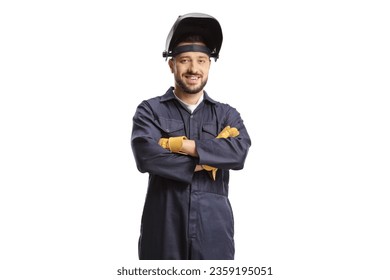 Welder in a uniform and a shield above his head isolated on white background - Powered by Shutterstock