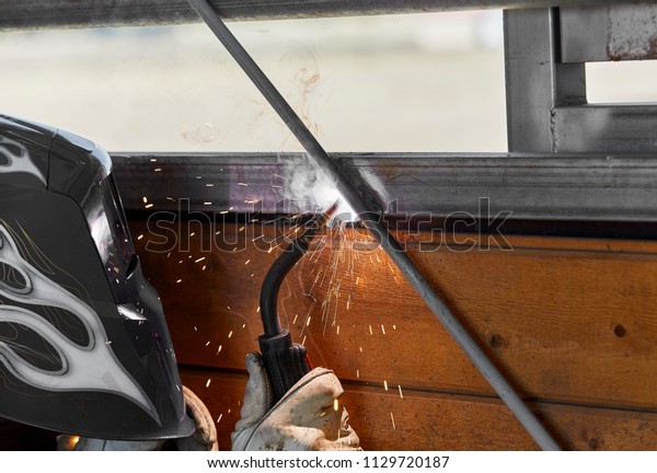 Welder Welding Steel Bar Steel Frame Stock Photo Edit Now 1129720187