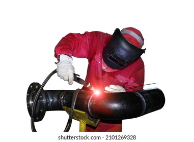 Welder Is Welding Tungsten Inert Gas Welding, Tig Weld For Making New Pipe, TIG Welding Torch Isolate On White Background.