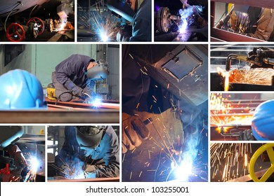 Welder At Work In Metal Industry, Split Screen