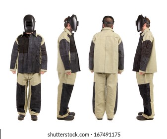 Welder In Workwear Suit. Front. Back. Side