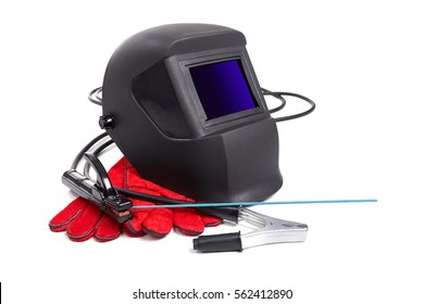 Welding equipment isolated on a white background, welding mask, leather gloves, high-voltage wires with clips, set of accessories for arc welding