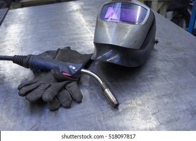 Welding Equipment With Shield, Gloves And Welder Torch