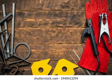 Welding flat lay concept background with copy space.