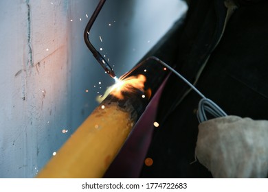 Welding Metal Pipe By Acetylene Gas Burner Close Up