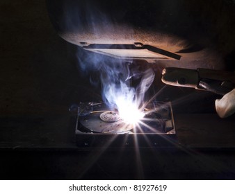 welding on a hard drive with a electrode. Nice light at the welding shield