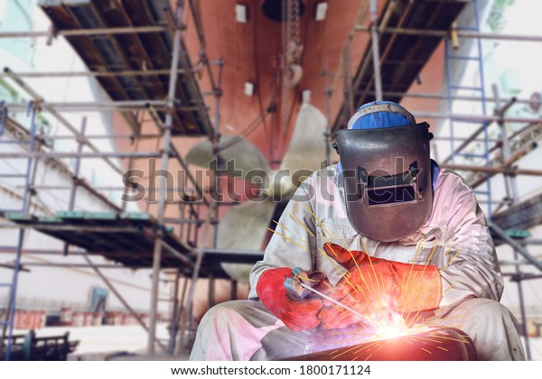 Welding process ship repair at floating dry dock
in shipyard