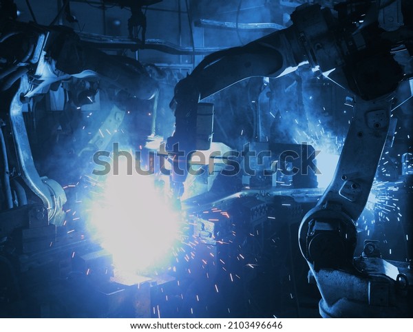 welding robot in the\
automotive parts industry, The movement of the robot welding in \
auto parts factory.