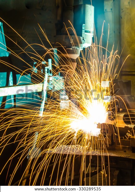  welding Robot movement Industrial automotive\
part in factory