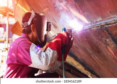 Welding ship repair in shipyard