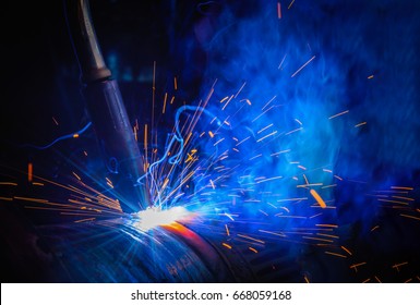 Welding Steel Structures And Bright Sparks In Steel Construction Industry.