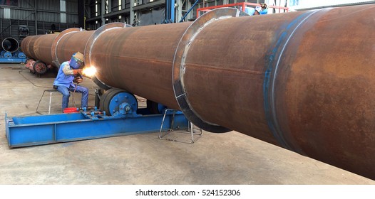 Welding Technician Weld Big Pipe Work In Oil And Gas Offshore Industry In A Fabrication Yard