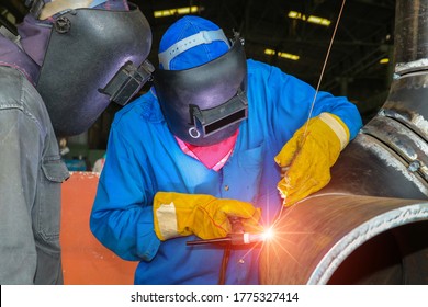 Welding training, Apprentice welder in the factory by Tig gas inert process - Shutterstock ID 1775327414
