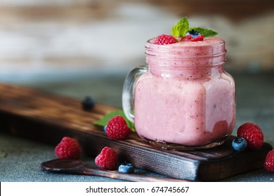 Well Being And Weight Loss Concept, Berry Smoothie With Fresh Raspberry And Blueberry