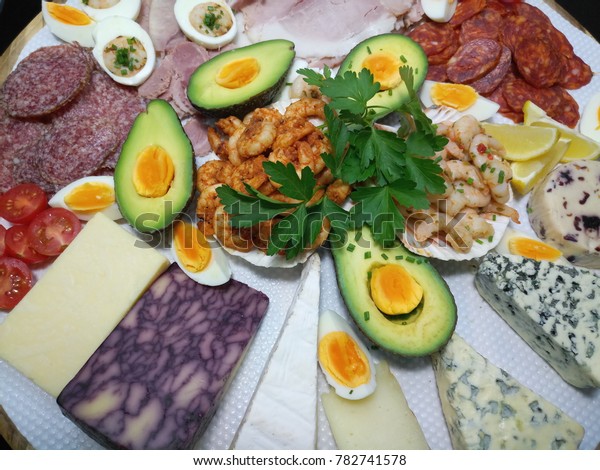 Well Decorated Large Cheese Platter Prawns Royalty Free Stock Image