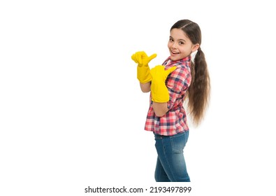 Well Done. Cleaning Supplies Advertisement. Small Girl Cleaning In Rubber Gloves. Kid Clean House In Latex Gloves. Yellow Gloves For Cleaning The House. Housework Concept. Time For Washing