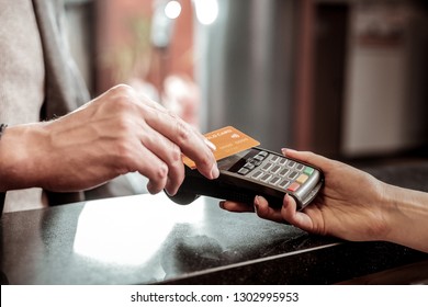 Well Done. Close Up Of Female Hand That Giving Terminal For Online Payment