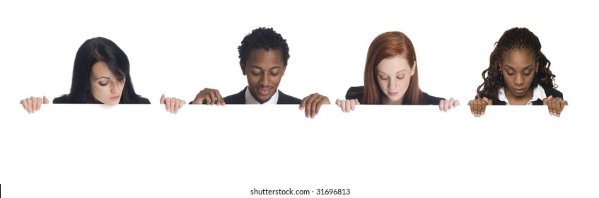 Well Dressed Businesspeople Looking Down Over The Edge Of A Blank Sign They Are Holding.