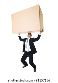 Well Dressed Man Carrying A Heavy Cardboard Box Isolated On White Background