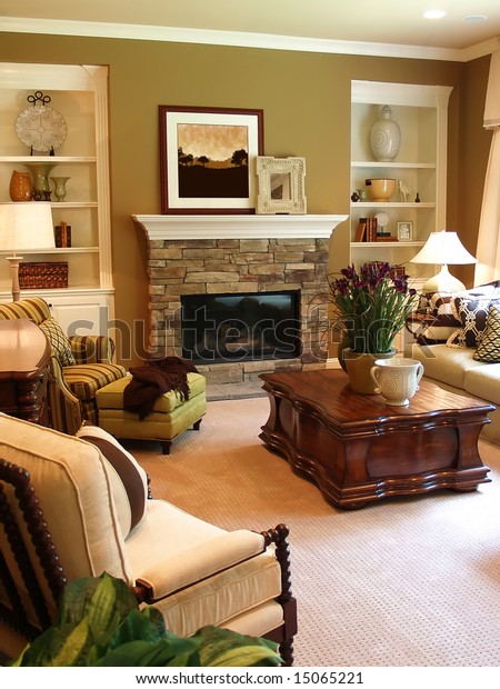 Well Furnished Family Room Stone Fireplace Stock Photo Edit Now