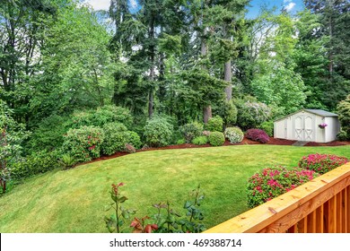 Well Kept Garden At Backyard With Trees, Bushes And Flowers. Northwest, USA