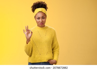 Well Not Bad. Portrait Serious-looking Confident Arrogant Young African-american Woman Agree Effort Good Show Okay Ok Normal Gesture Smug Approval, Standing Yellow Background Impressed