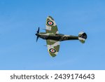 A well preserved Supermarine Spitfire IX fighter aircraft from World War II in flight.