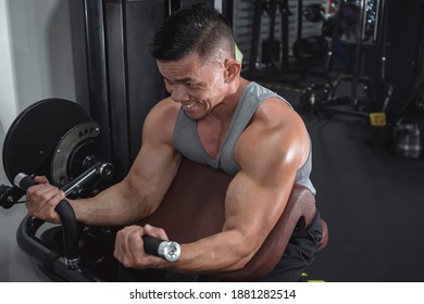 A Well Toned And Fit Asian Man Does Some Machine Preacher Curls At The Gym Or Fitness Club. High Angle Shot. Arm And Bicep Workout Training.