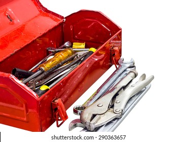 Well Used Old Tools And Red Tool Box On White Background